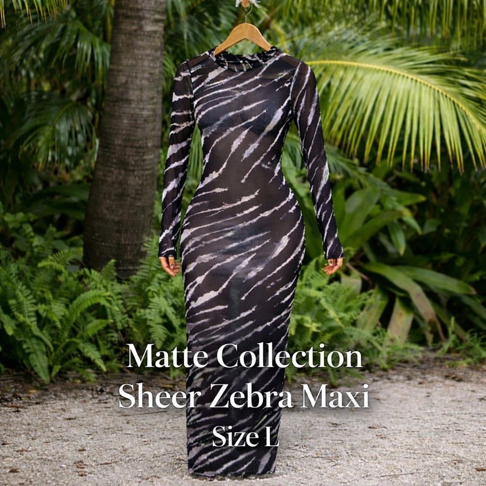 Matte Collection Zebra Print Sheer Mesh Maxi Dress Cover Up Stretch